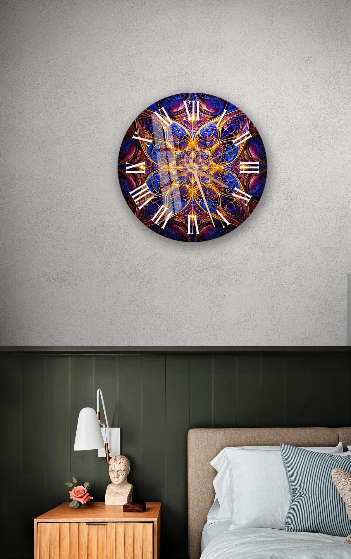 a bedroom with a bed and a clock on the wall