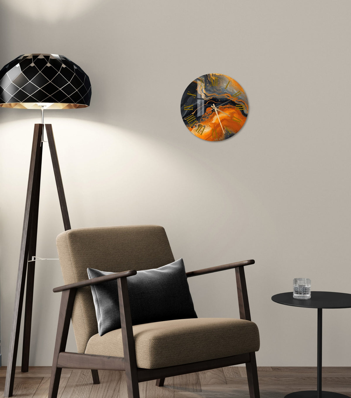a living room with a chair and a lamp