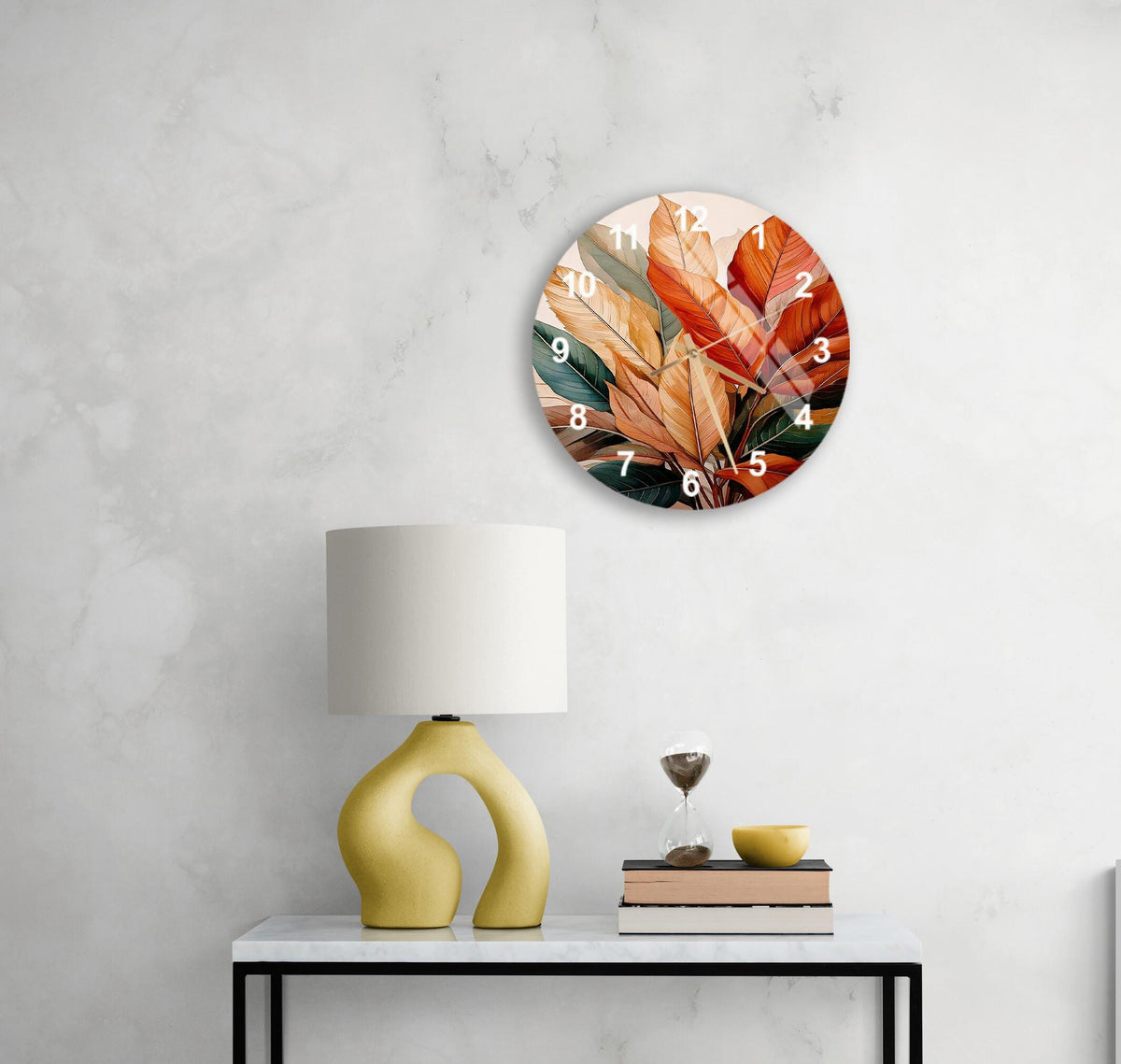 a table with a lamp and a clock on it
