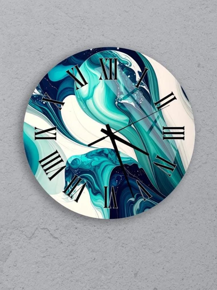 six round wall clocks with unique designs, arranged in a grid pattern on a gray background.