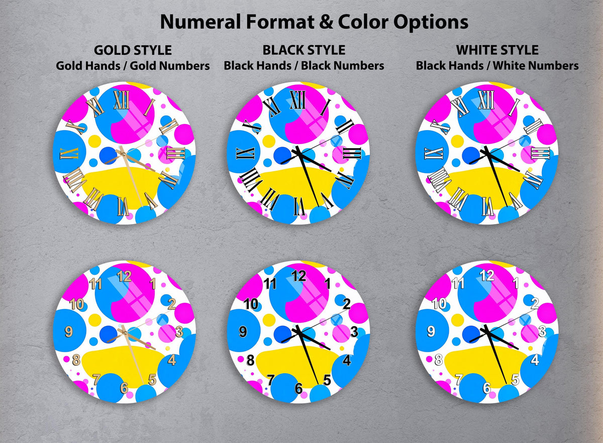 six different clock faces with various color schemes and styles, including gold, black, white, and colorful patterns.