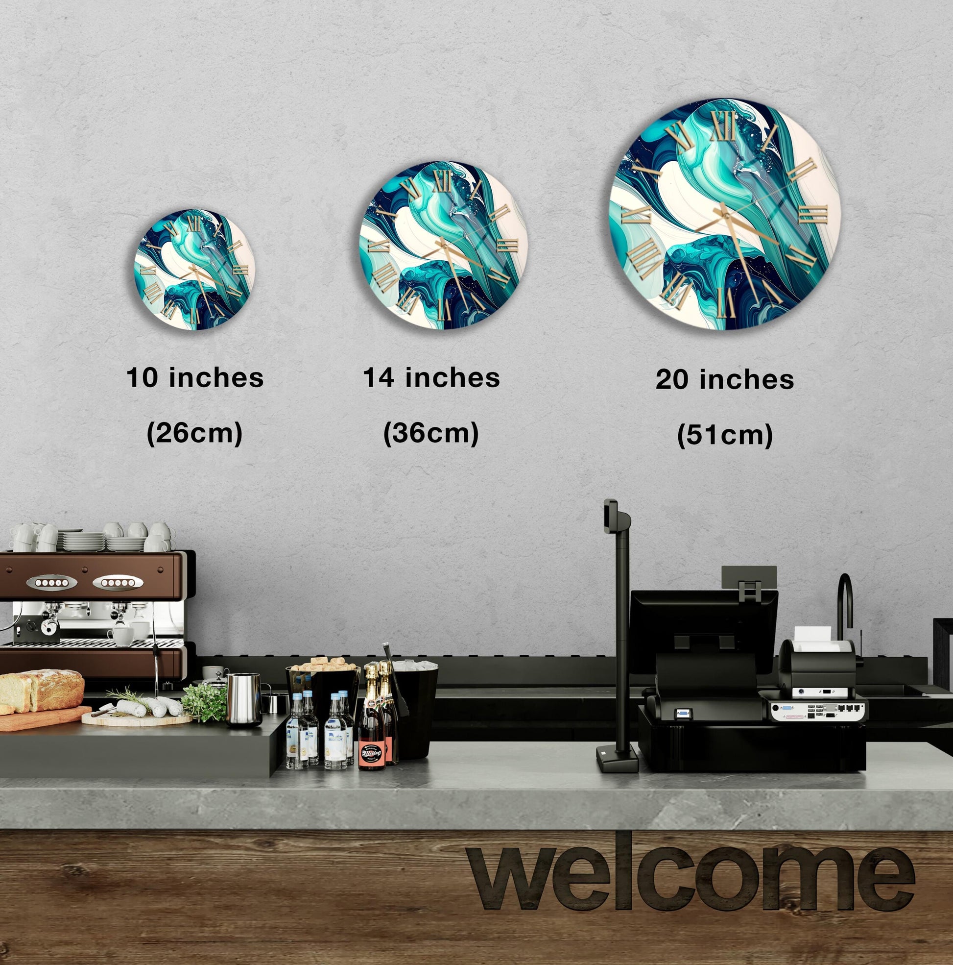 a counter in a restaurant with a "welcome" sign, and three clock designs displayed on the wall above the counter.