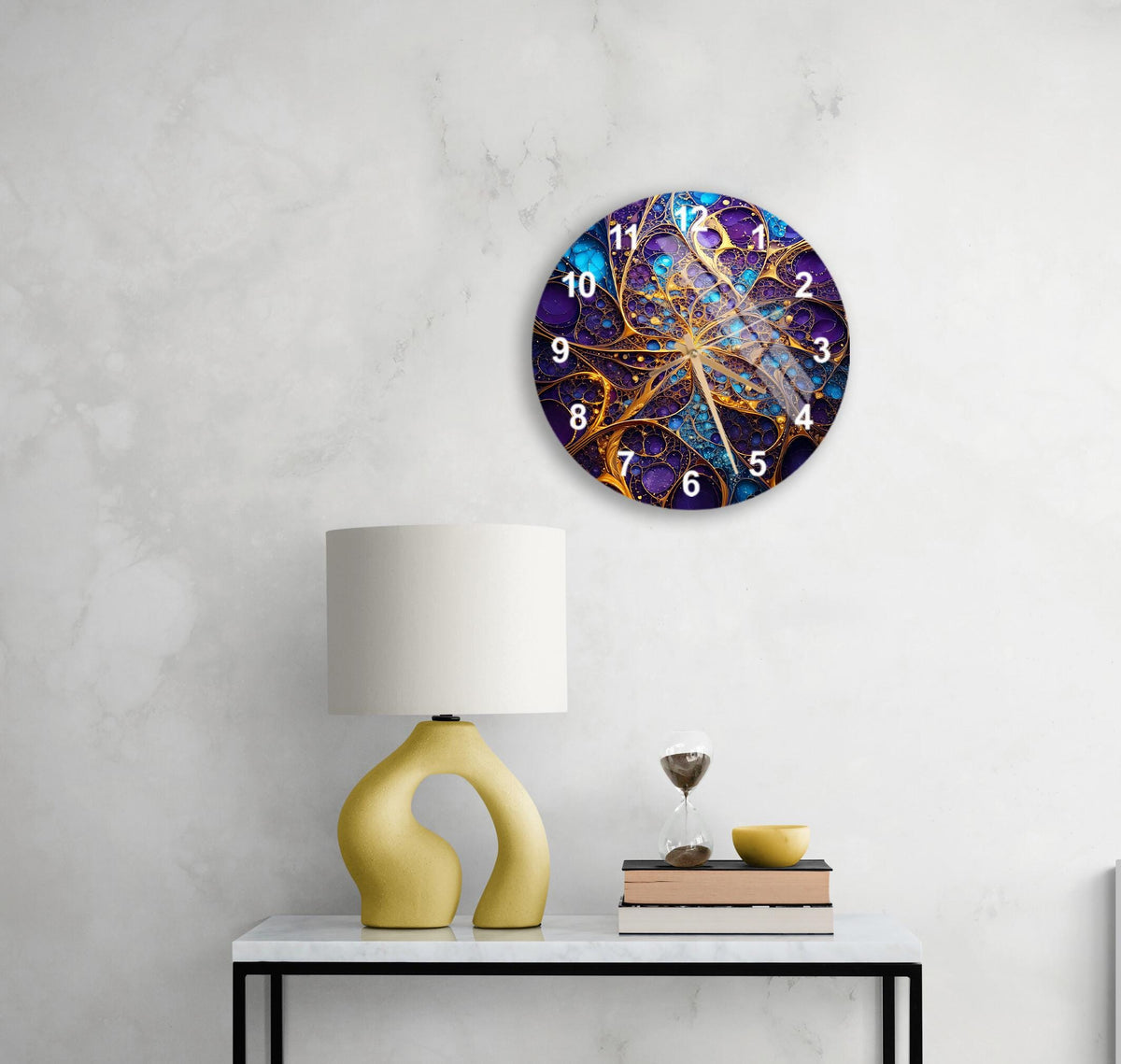 a table with a lamp and a clock on it