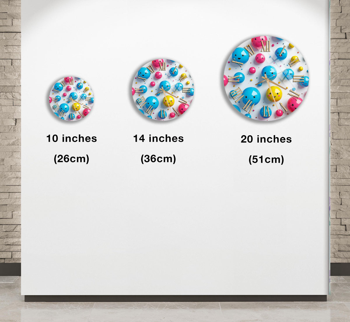 three different sizes of circular designs, each with a unique pattern of colorful objects. The sizes are 10 inches, 14 inches, and 20 inches, respectively.
