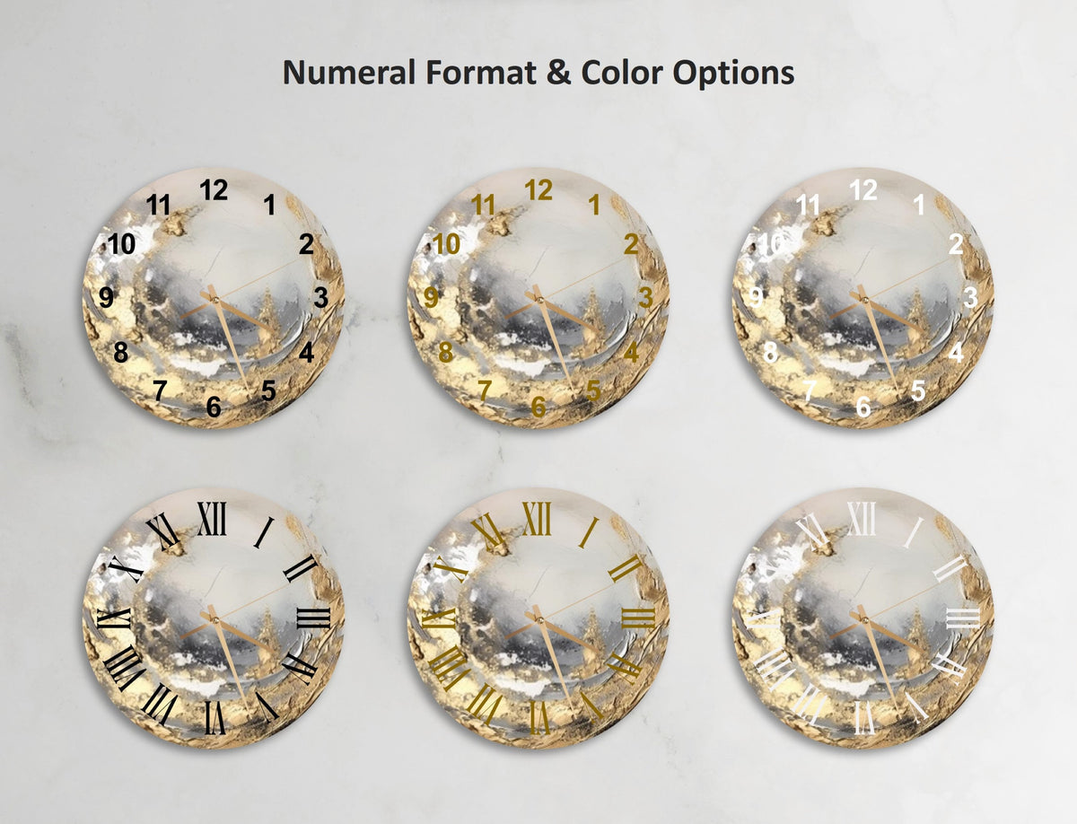 a set of four gold clock faces with roman numerals