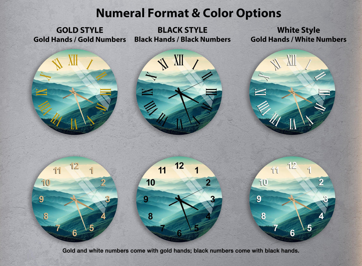 a set of four clocks with different designs on them