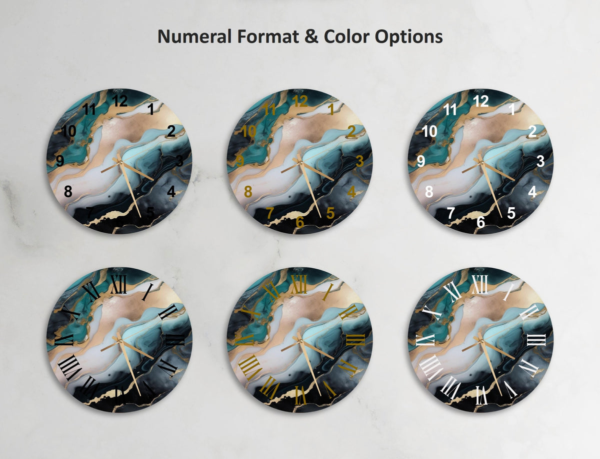 a set of four clocks with a painting of a woman