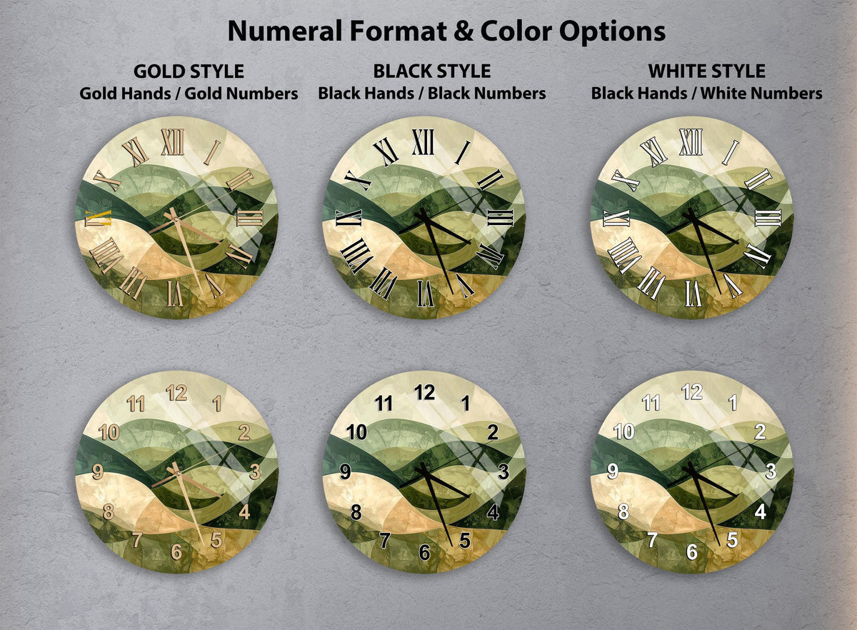 six different clock designs with varying styles and color options, including gold, black, white, and black hands/numbers.