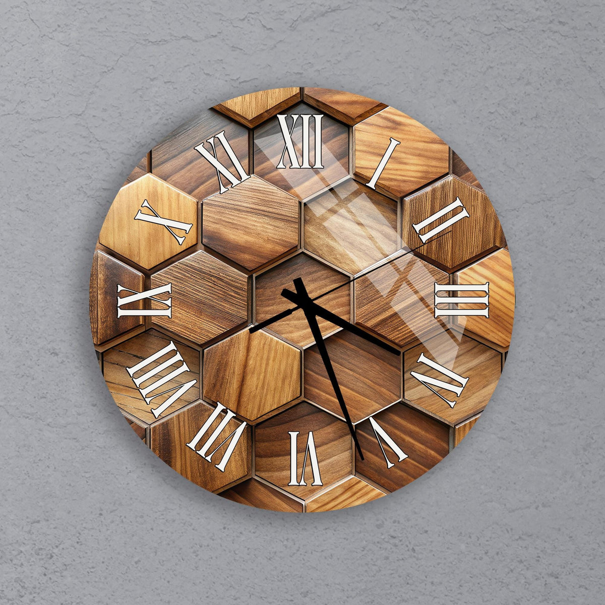 A wall clock with a wooden hexagonal pattern and Roman numerals on a gray background.