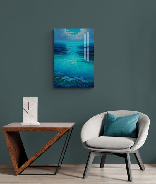 Tempered Glass Wall Art - Large Blue Sea Glass Ocean Beach Decor, Relaxing Coastal