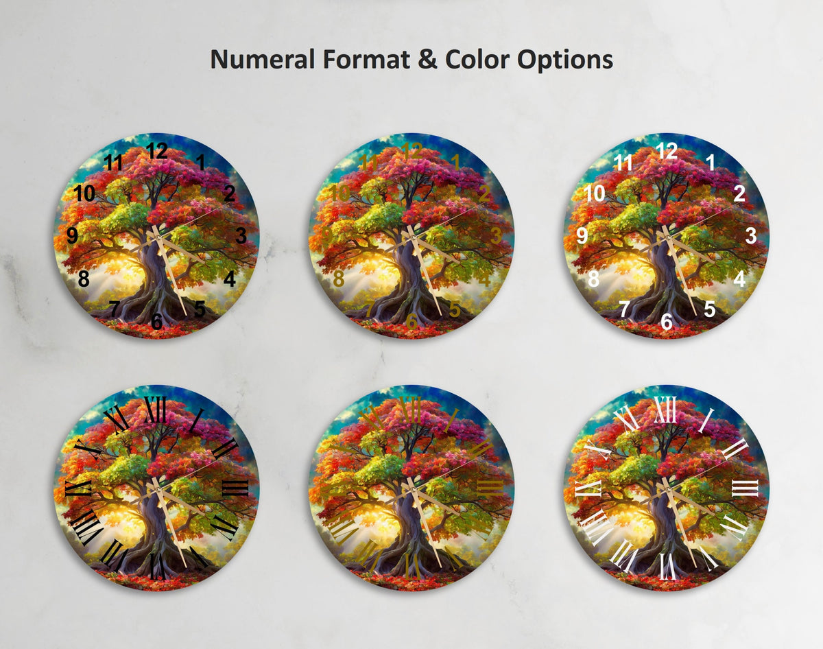 a clock with four different pictures of a tree