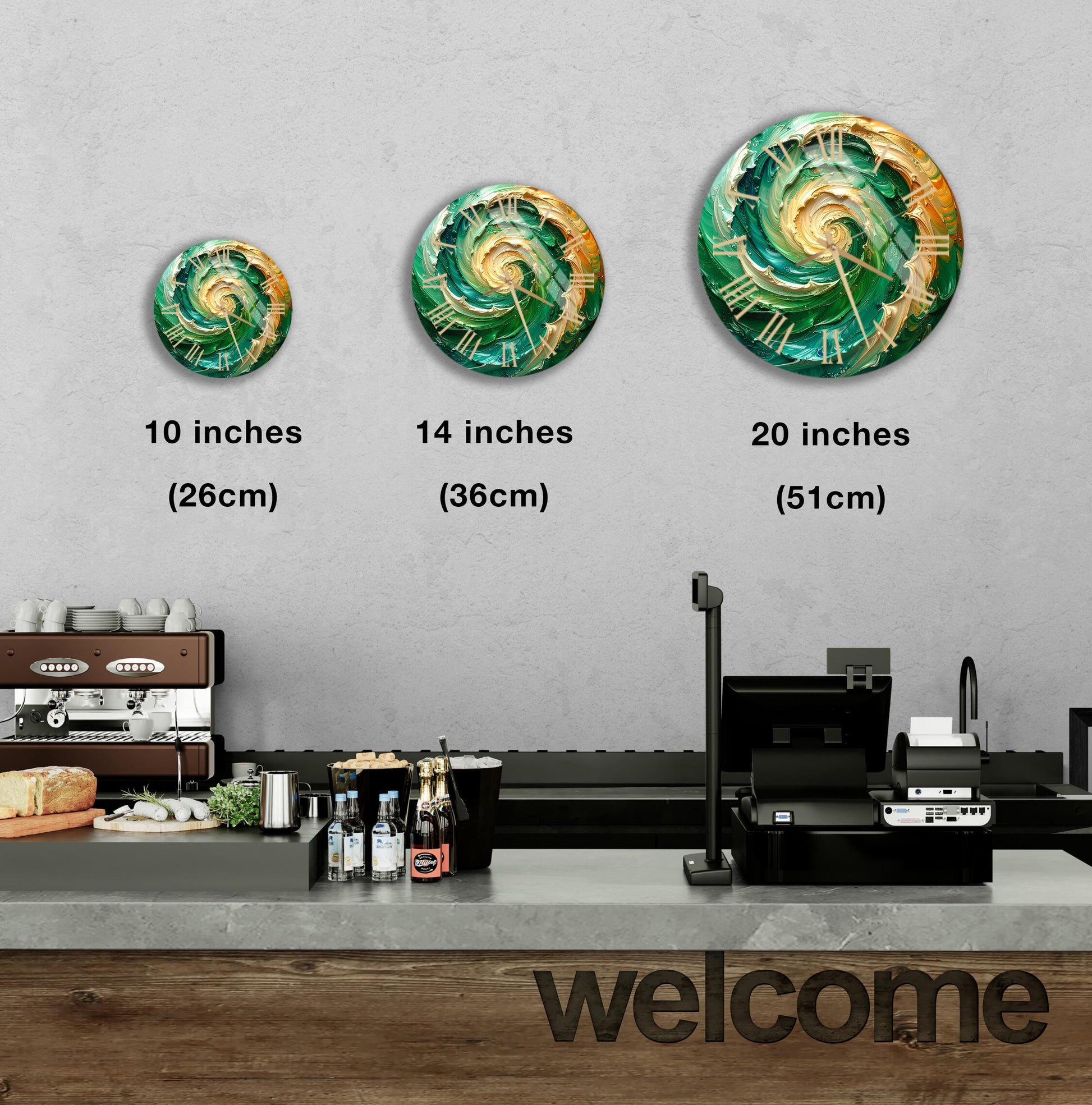 a counter in a restaurant with a welcome sign, and there are three different sizes of a spiral design on the wall above the counter.