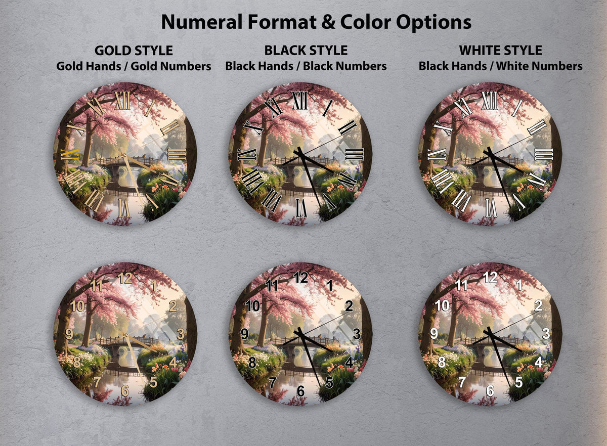 a collection of six round wall clocks, each with a different color and style, arranged in a grid. The clocks feature various designs, such as a bridge, trees, and flowers, creating a visually appealing and diverse display.