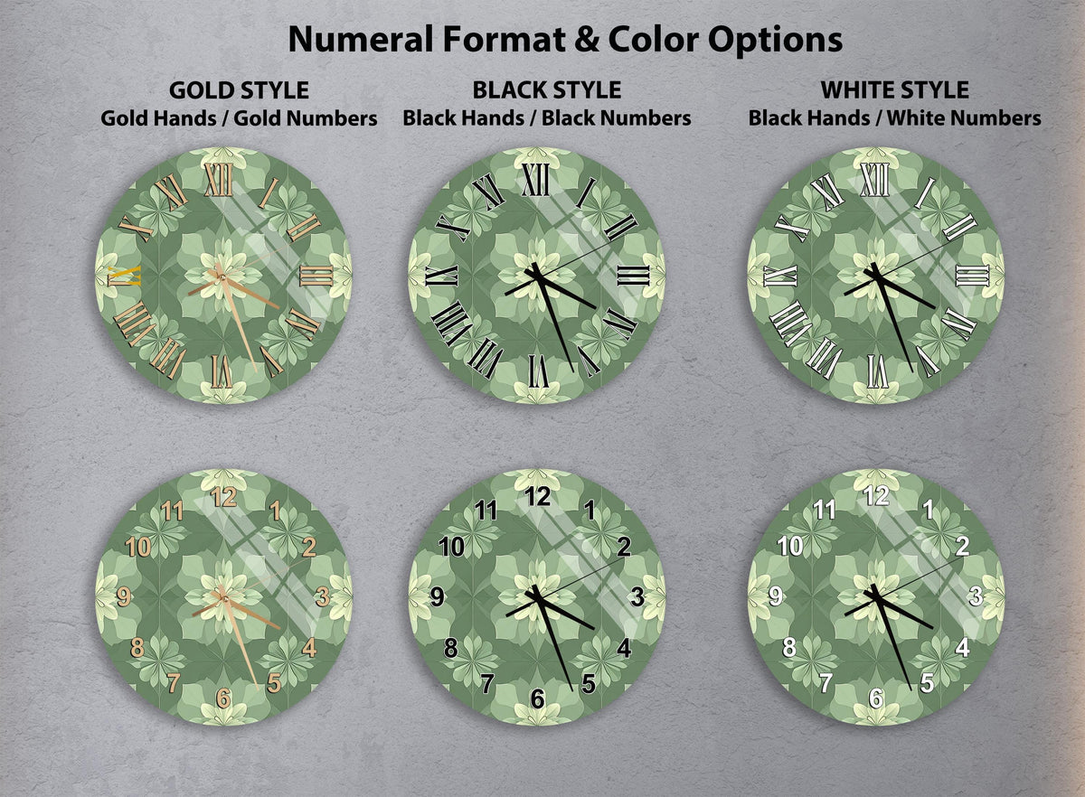 a collection of six clock faces with different styles and color options, arranged in a grid format.