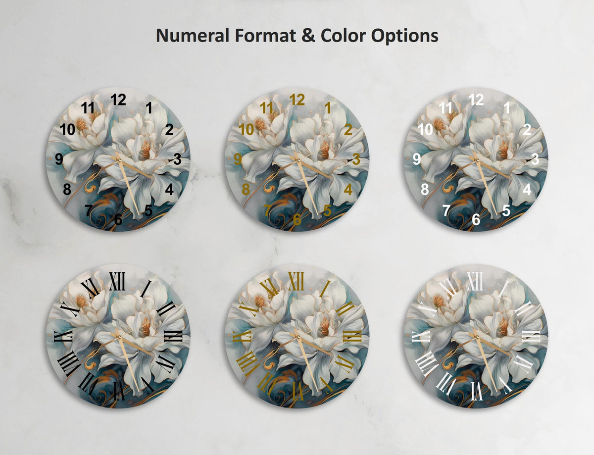 a set of four clocks with flowers painted on them