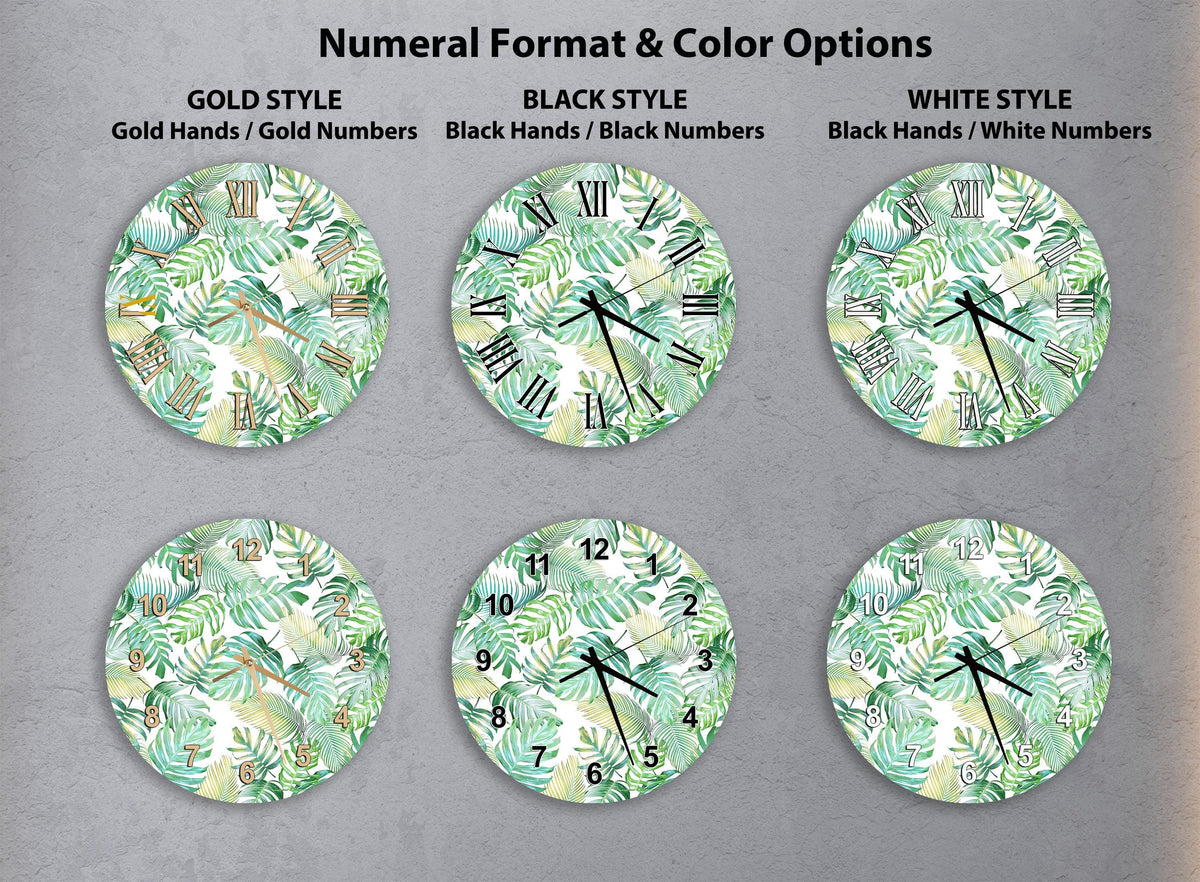a collection of six round wall clocks with different styles and color options, featuring a tropical leaf pattern.