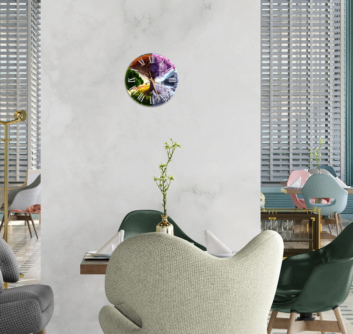 a room with chairs, a table and a clock on the wall