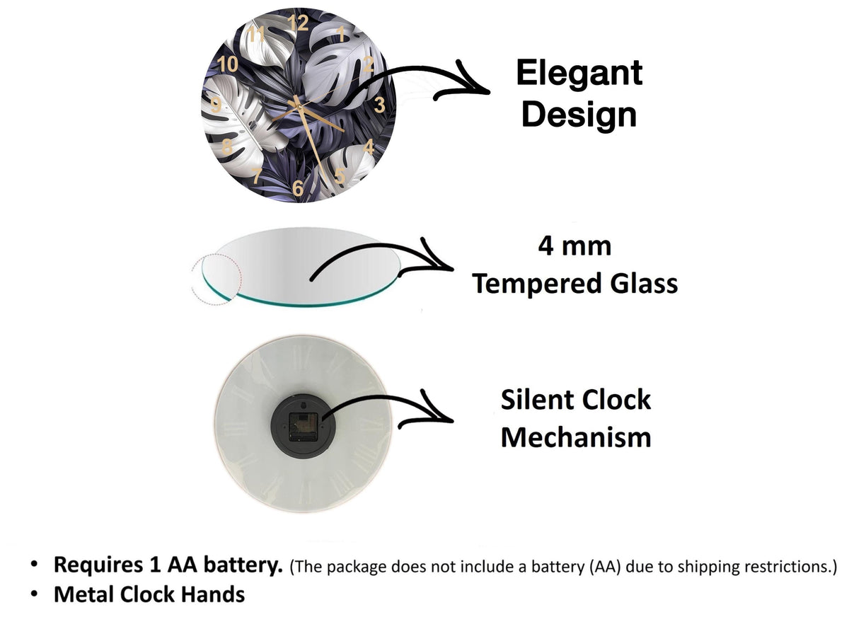 The image is a diagram that illustrates the features of a clock, including its design, materials, and mechanism. It shows a 4 mm Tempered Glass face, a silent clock mechanism, and a metal clock hand. The diagram also includes text that explains the features of the clock, such as the requirement of a 1 AA battery and the absence of a battery (AA) due to shipping restrictions.