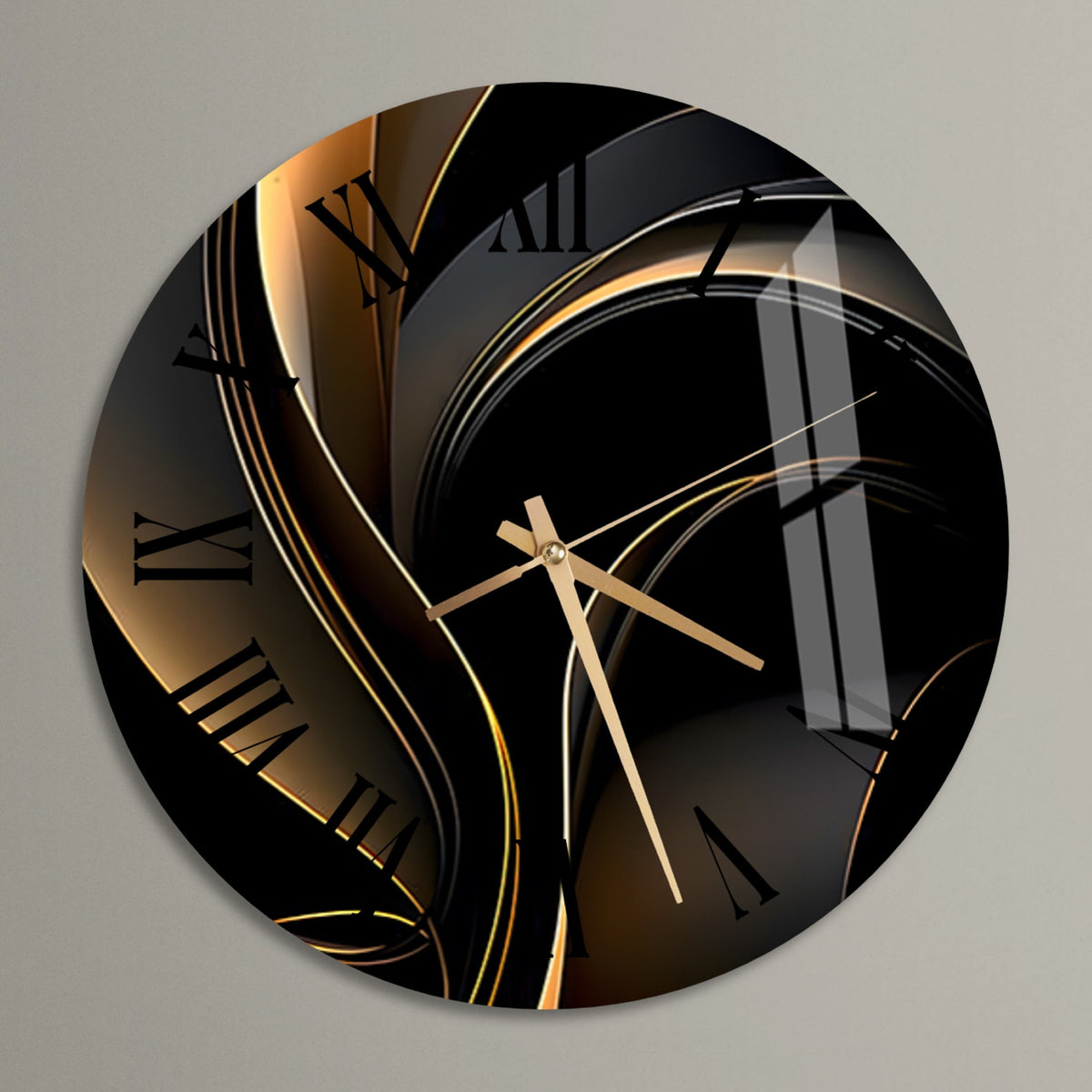 a black and gold clock with roman numerals