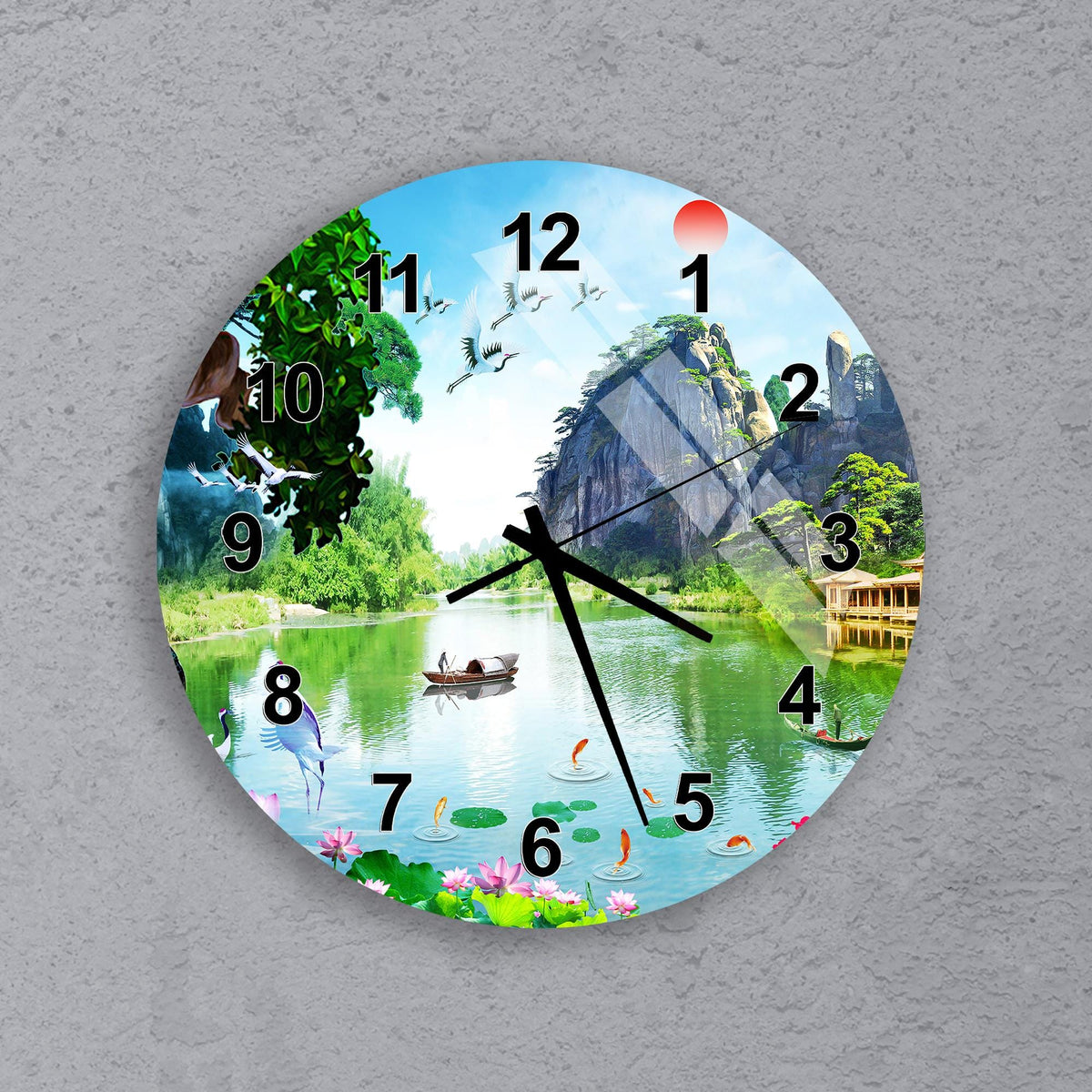 A wall clock with a scenic landscape featuring a lake, mountains, and a boat on the water.