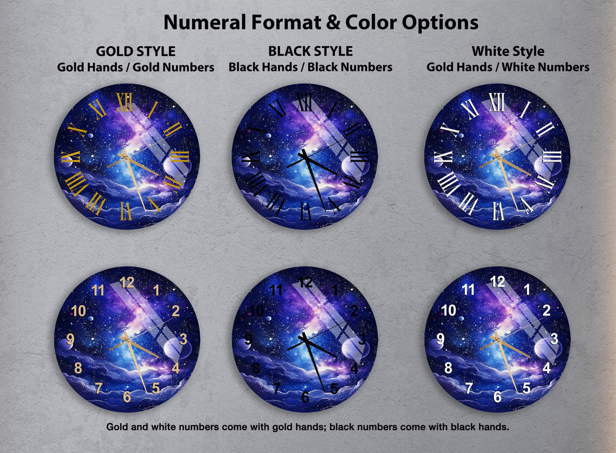 a set of four wall clocks with different designs