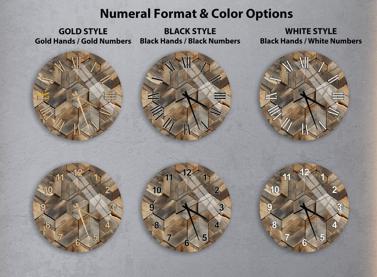 a collection of six different wall clocks, each with a unique design and color scheme. The clocks are arranged in a grid format, with two clocks in each row and three clocks in each column. The clocks feature various styles, including gold hands, black hands, and white hands, as well as different color options, such as black, gold, and white. The clocks are arranged in a visually appealing manner, showcasing the diversity and creativity of the designs.