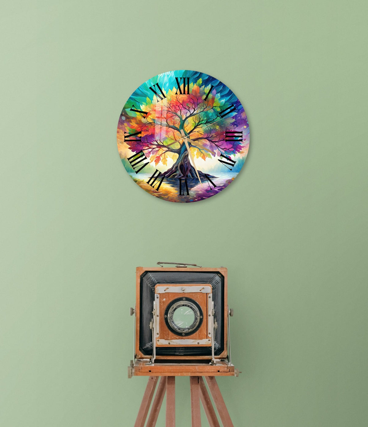 a clock with a tree of life painted on it