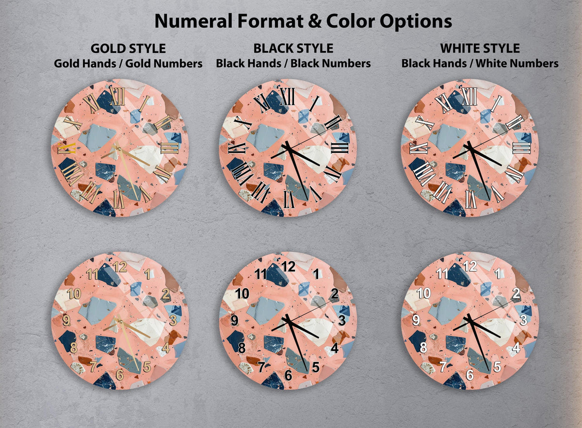 six different clock designs, each with a unique color and style, arranged in a grid format.