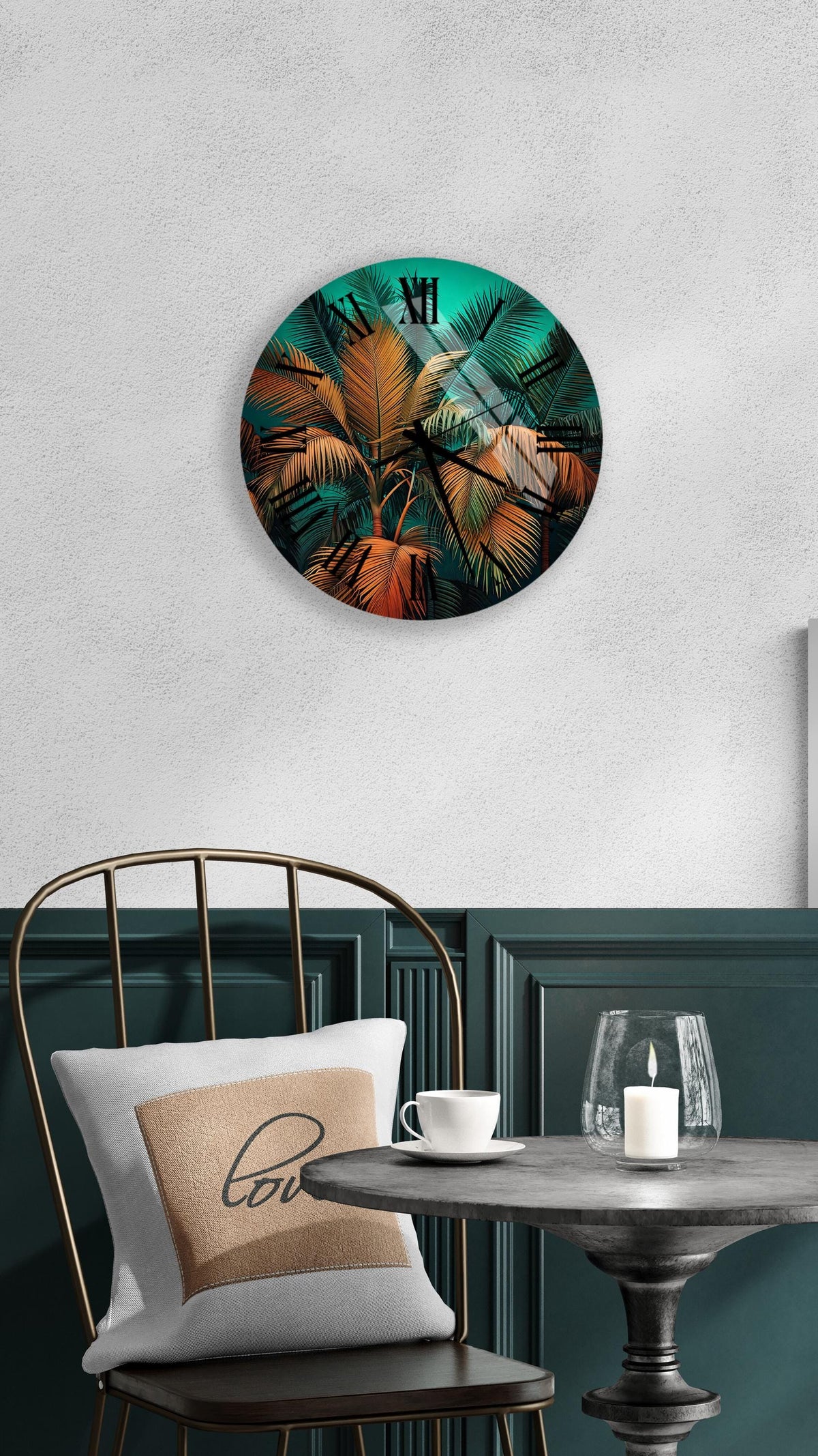 a clock on a wall above a table