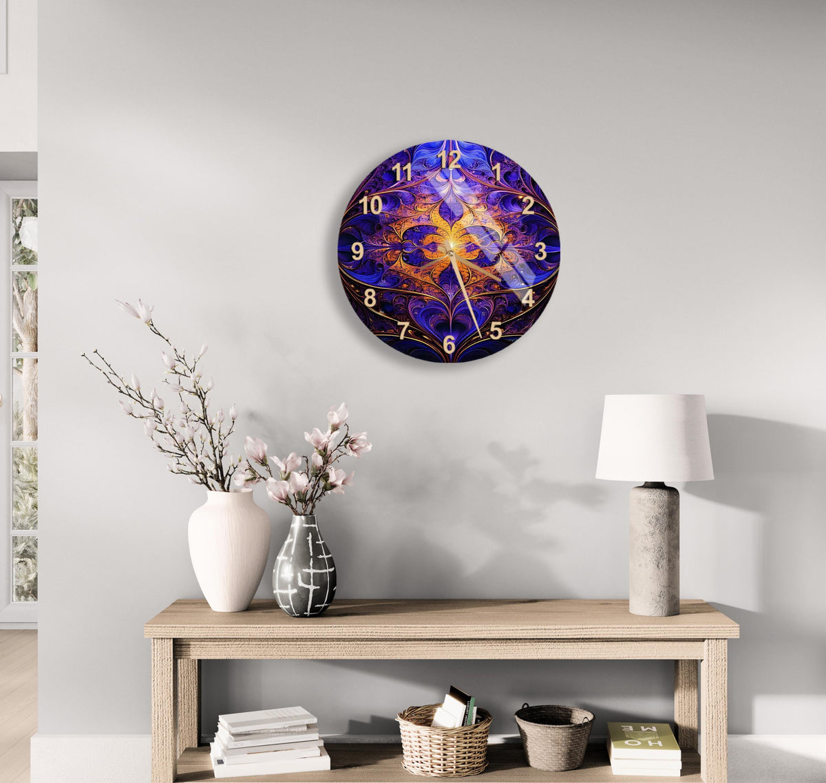 a clock on a wall next to a vase with flowers