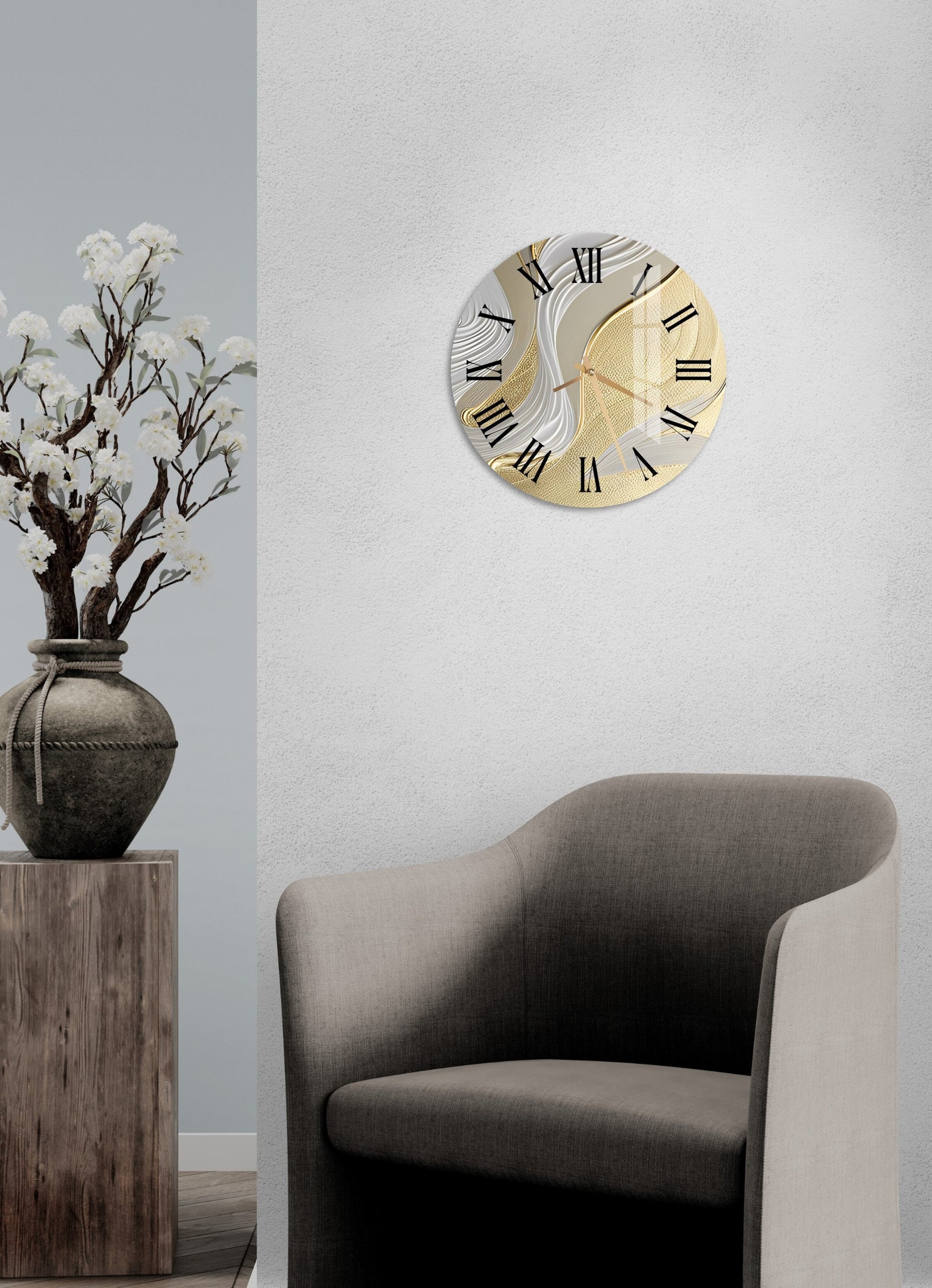 a living room with a chair and a clock on the wall