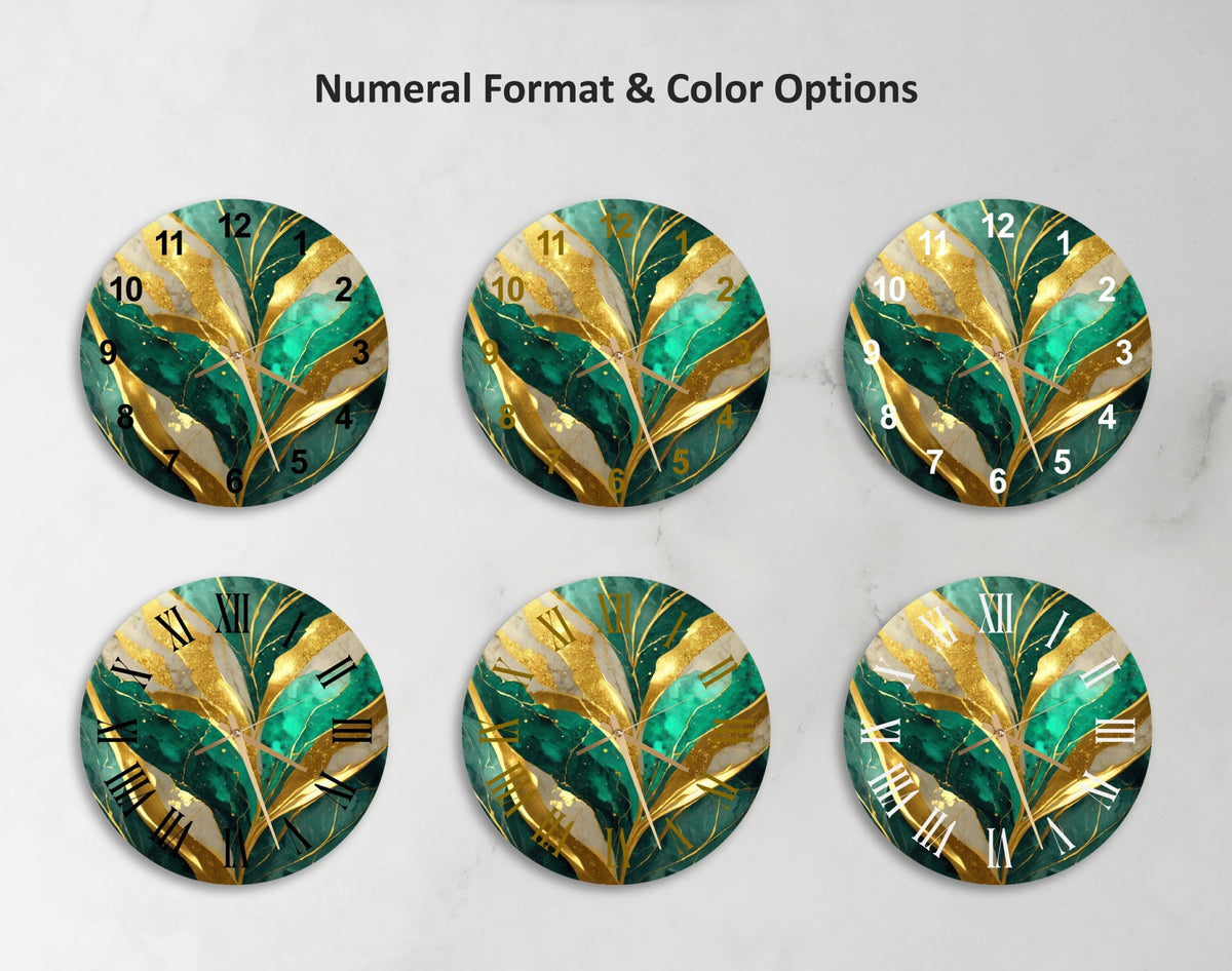 a set of four green and gold clock faces