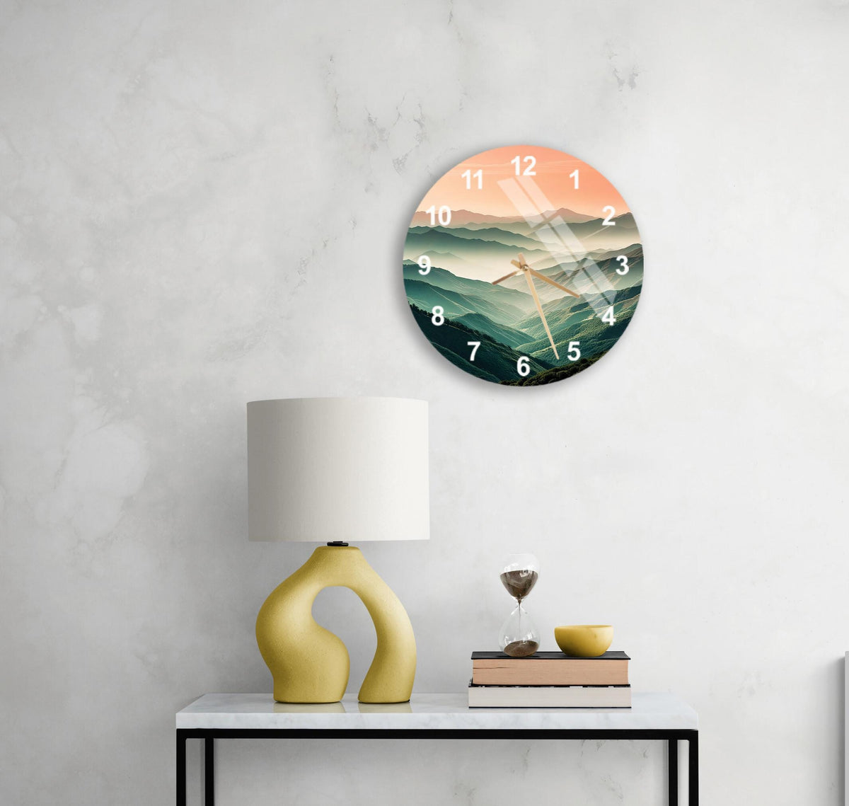 a table with a lamp and a clock on it