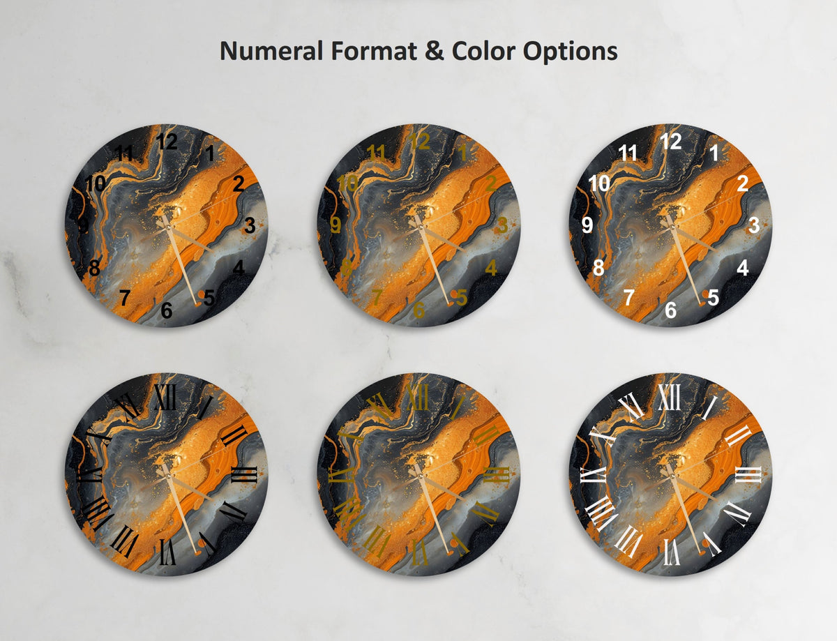 a set of four clocks with different designs on them