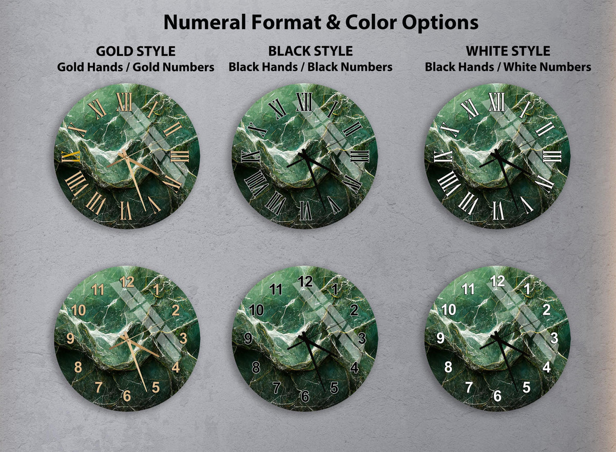 a collection of six clock faces with different styles and color options, including gold hands, black hands, black numbers, and white numbers.