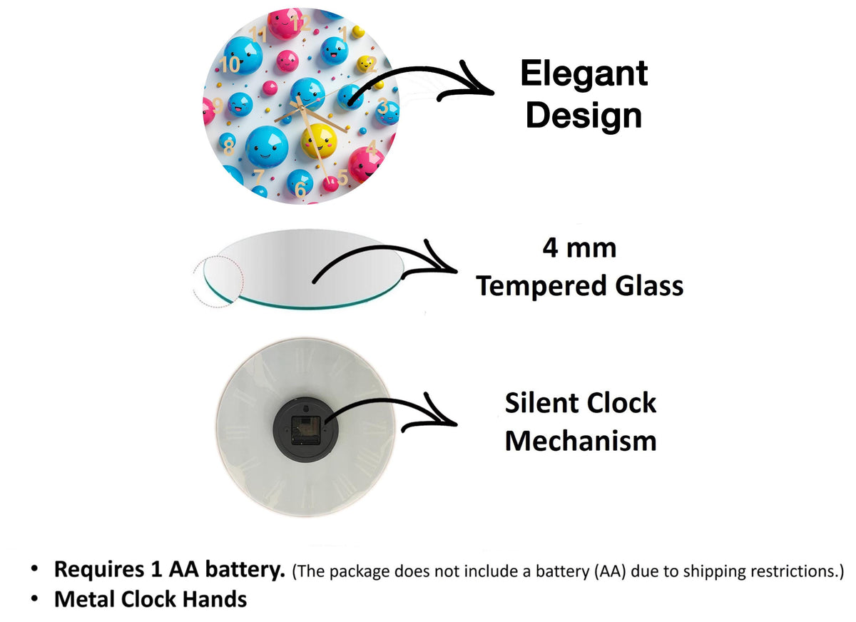 The image is a diagram that illustrates the features of a clock, including the 4 mm Tempered Glass, the silent clock mechanism, and the metal clock hands.