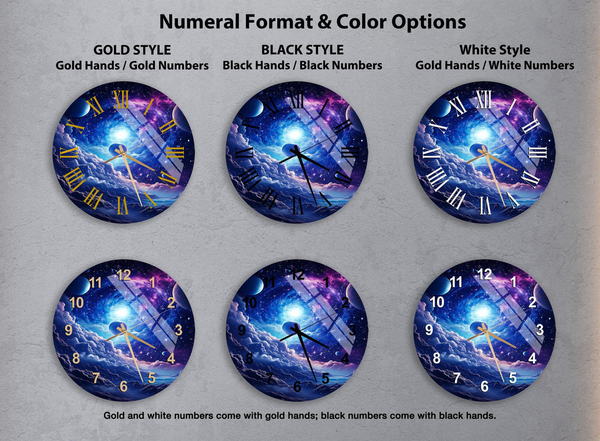 a set of four wall clocks with different designs