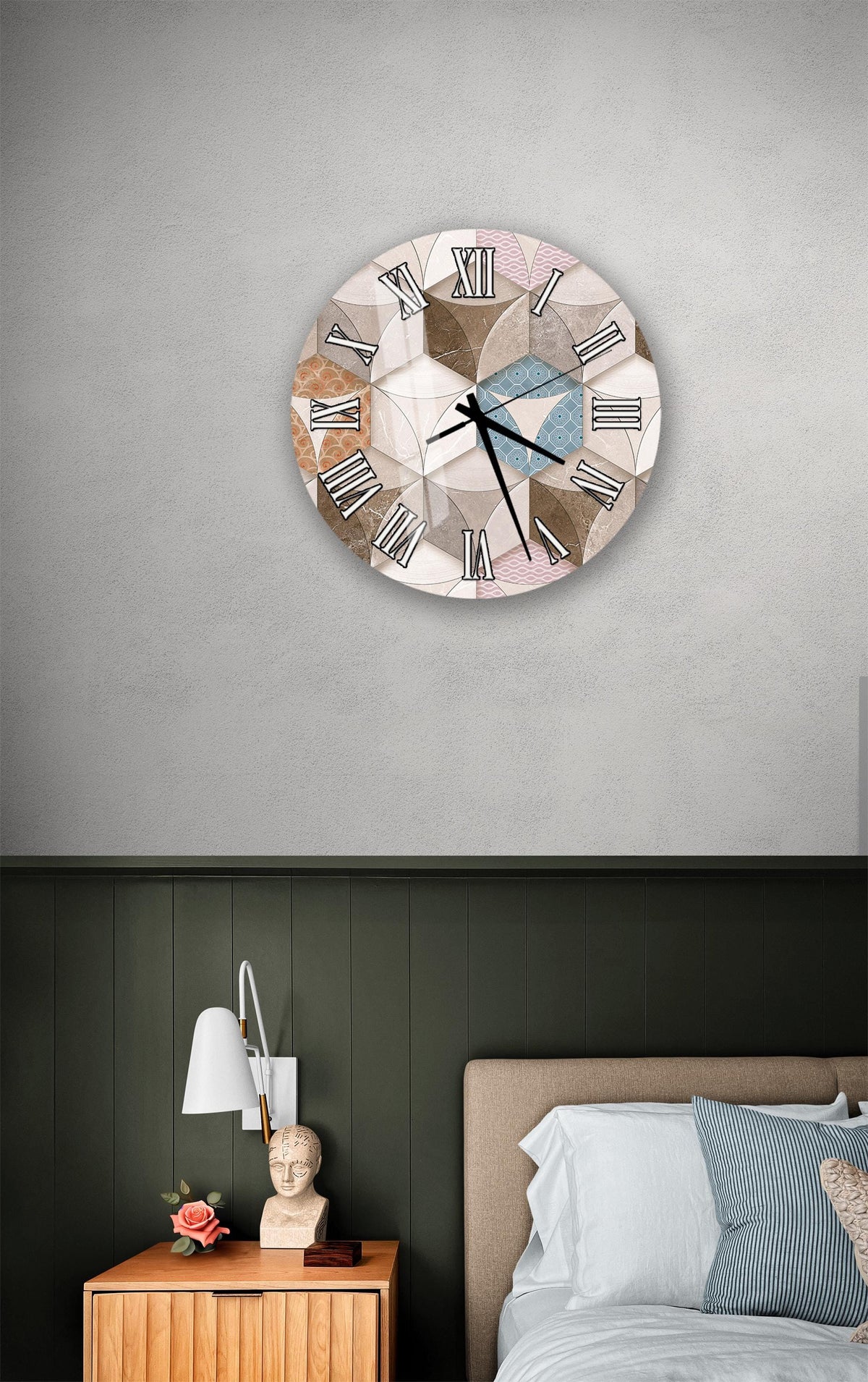 a bedroom setting with a wall clock, a nightstand, and a bed.