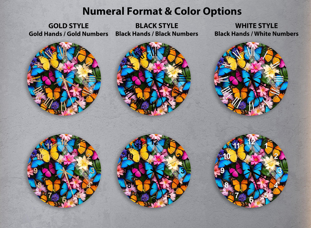 six round wall clocks with different floral designs, each with a unique color and style. The clocks are arranged in a grid, with three clocks in each row. The clocks feature a variety of colors and patterns, including butterflies, flowers, and leaves. The clocks are presented in different styles, such as gold, black, and white, adding variety to the design.