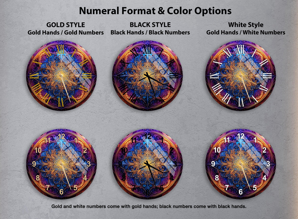 a set of four clocks with different designs on them