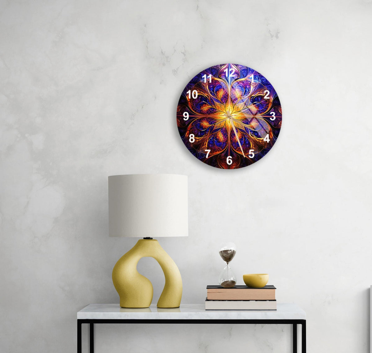 a table with a lamp and a clock on it
