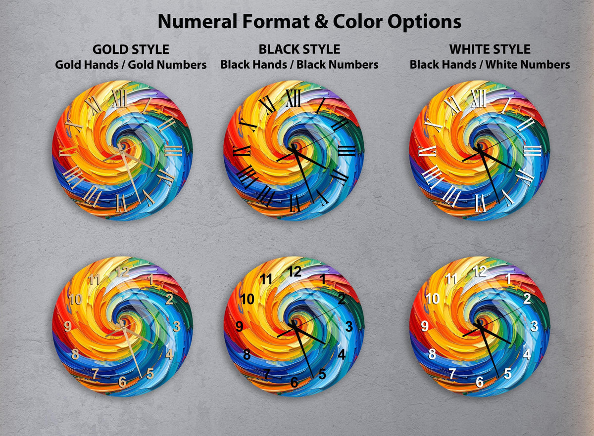 six different clock designs with colorful swirls, each with a unique color scheme and style.