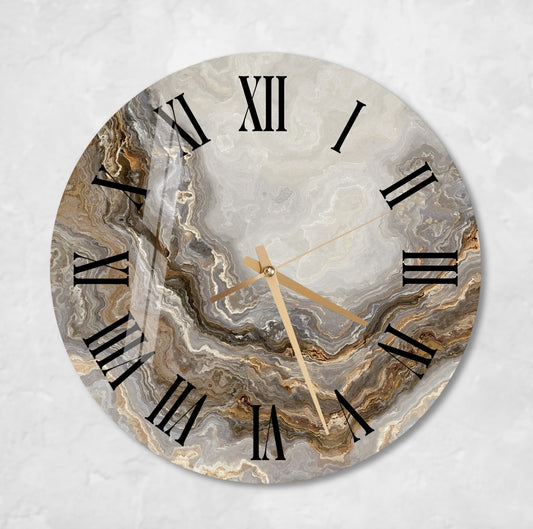 Tempered Glass Wall Clock – Modern Round Marble Pattern in Gray Taupe White