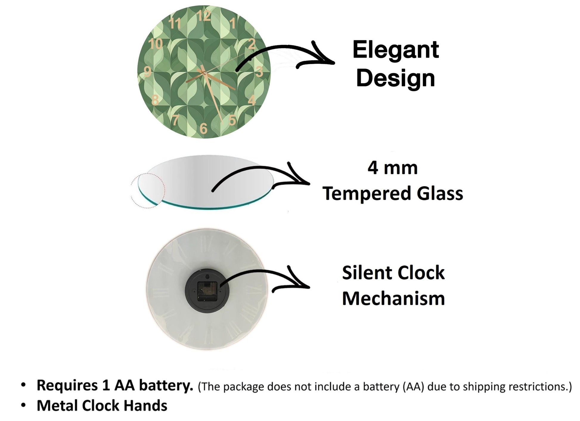 The image is a diagram that illustrates the features of a clock, including its design, materials, and mechanism.
