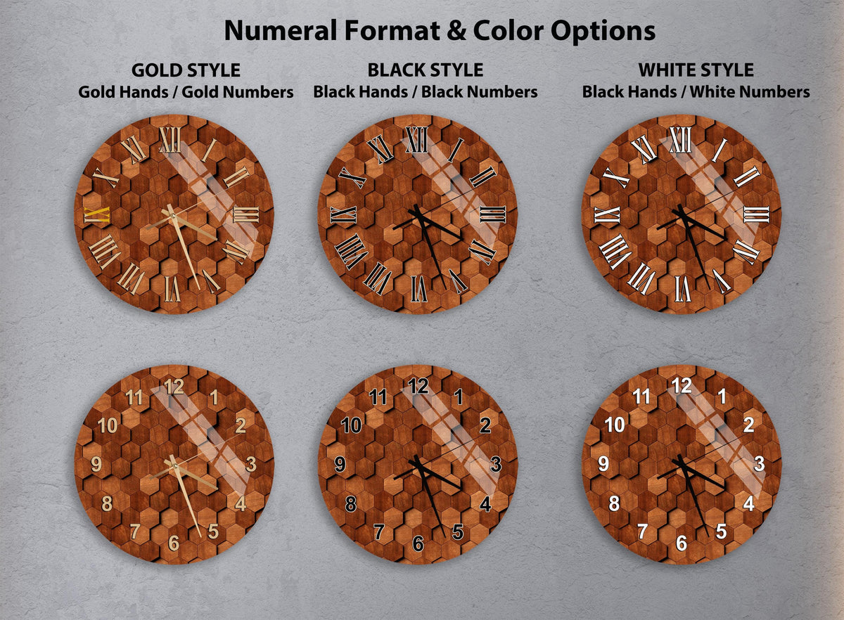 a collection of six different wall clocks, each with a unique design and color scheme. The clocks are arranged in a grid format, with two clocks in each row and three clocks in each column. The clocks feature various styles, including gold hands, black hands, and white hands, as well as different color options, such as gold, black, and white. The clocks are set against a gray background, which highlights their distinct features and designs.