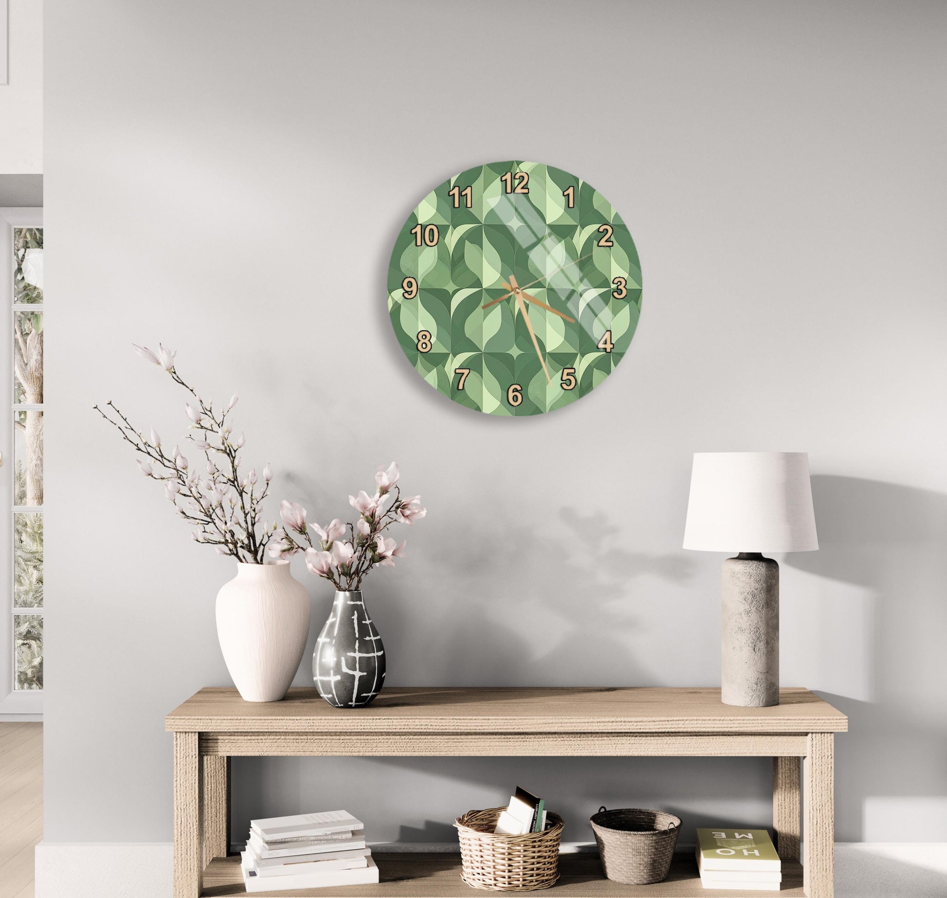 a modern living room with a wooden table, a lamp, a clock, and various decorative items such as a vase with flowers and a book.