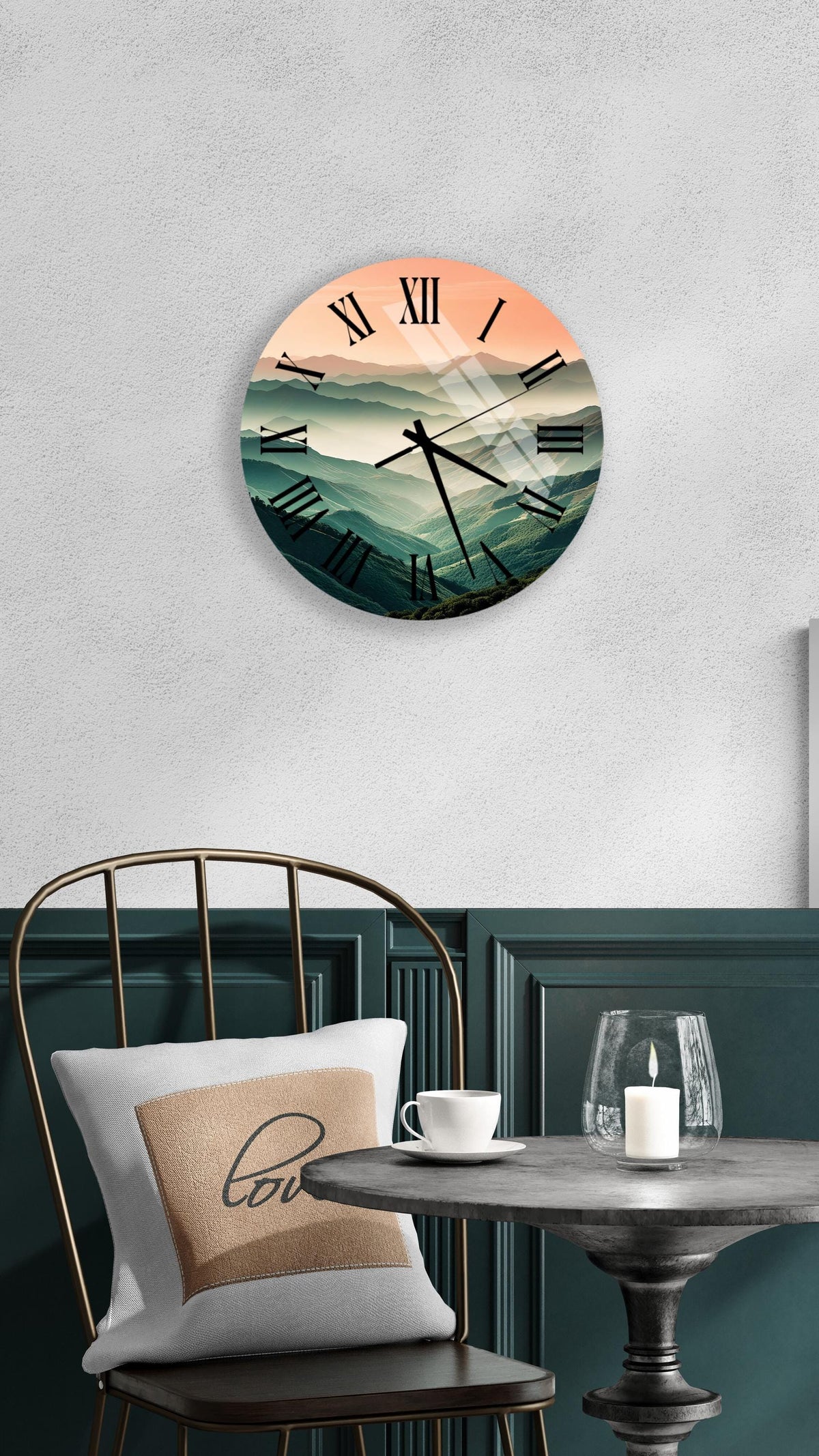 a clock that is on the wall above a table