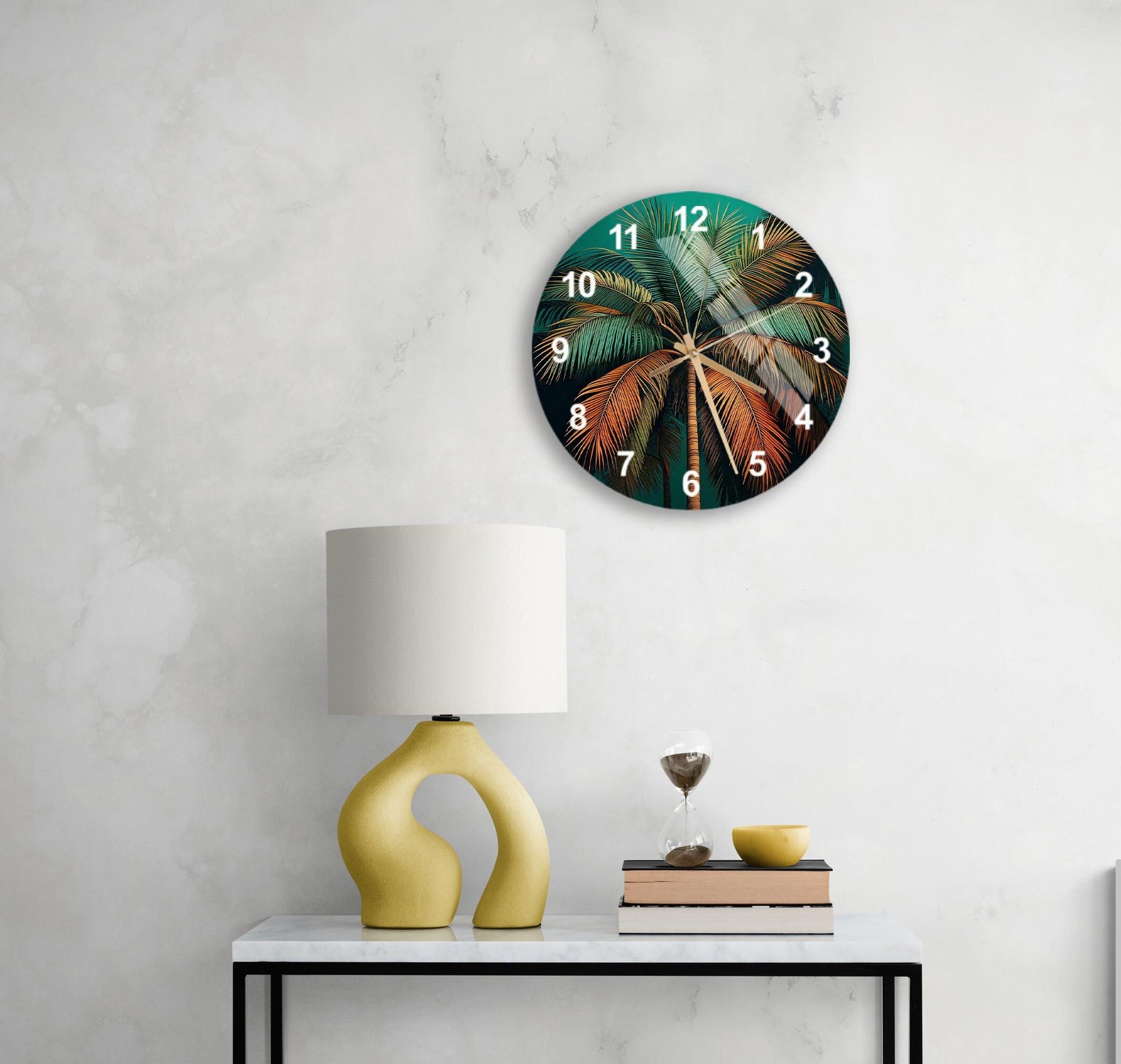 a table with a lamp and a clock on it