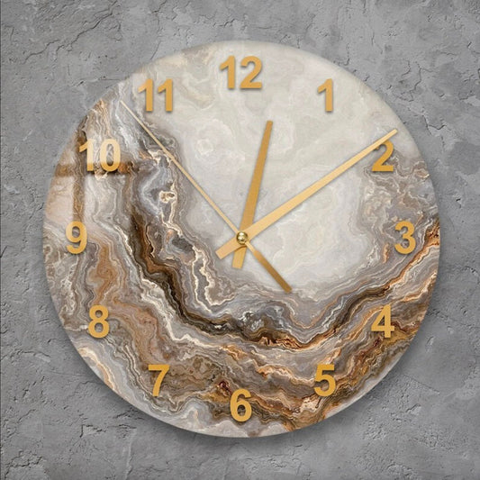 Glass Wall Clock - Modern Marble Design, Unique Gold Decor, Silent Tempered Art