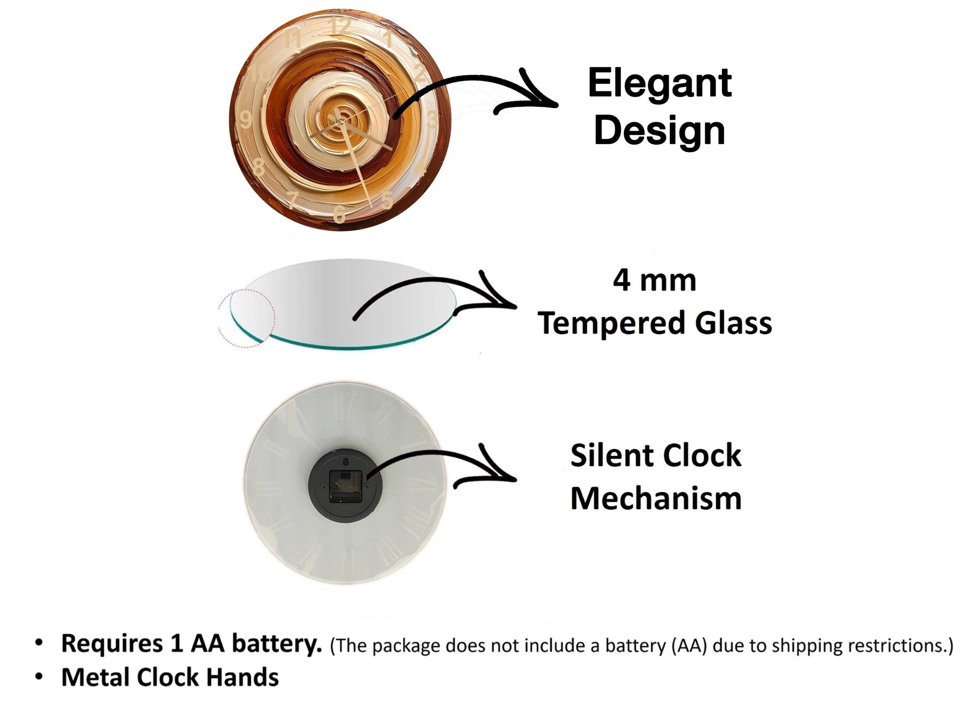The image is a diagram that illustrates the features of a clock mechanism, including a 4 mm Tempered Glass lens, a silent clock mechanism, and metal clock hands.